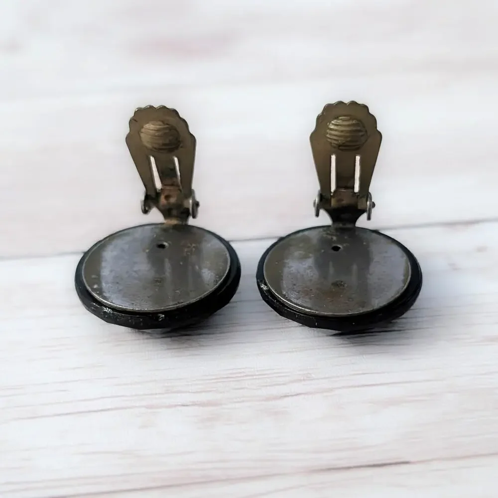 Vintage Clip On Earrings Black Glass? Faceted Circle Large 15/16